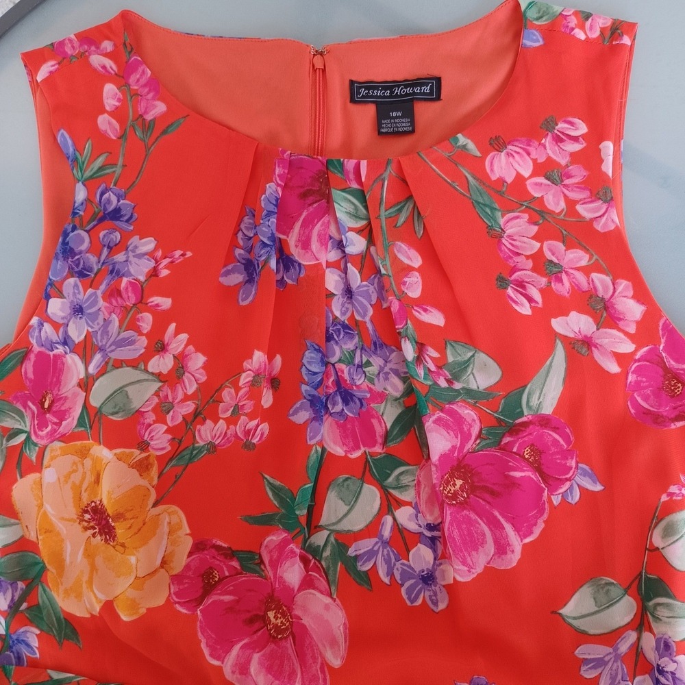 Jessica Howard 18W Orange Floral Sleeveless Pleated Midi Dress Ruffle Hem Belted - Picture 8 of 11
